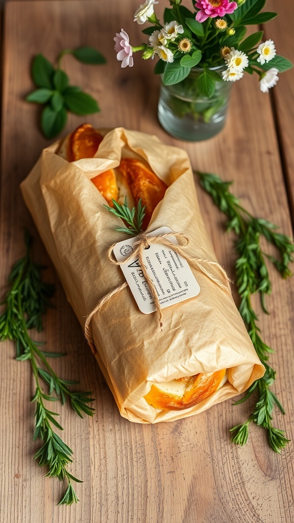 Homemade Bread Packaging Ideas A loaf of homemade bread wrapped in parchment paper with twine and a label on a wooden table.